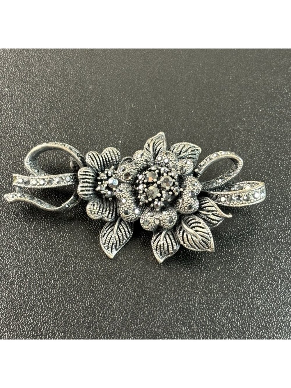 Vintage Black Flower Brooch Pin Floral Rhinestones Gem w/ Ribons 3" Wide
